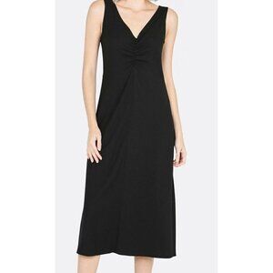 Vince Sz S Black Stretch Crepe Double V Neck Ruched Midi Dress